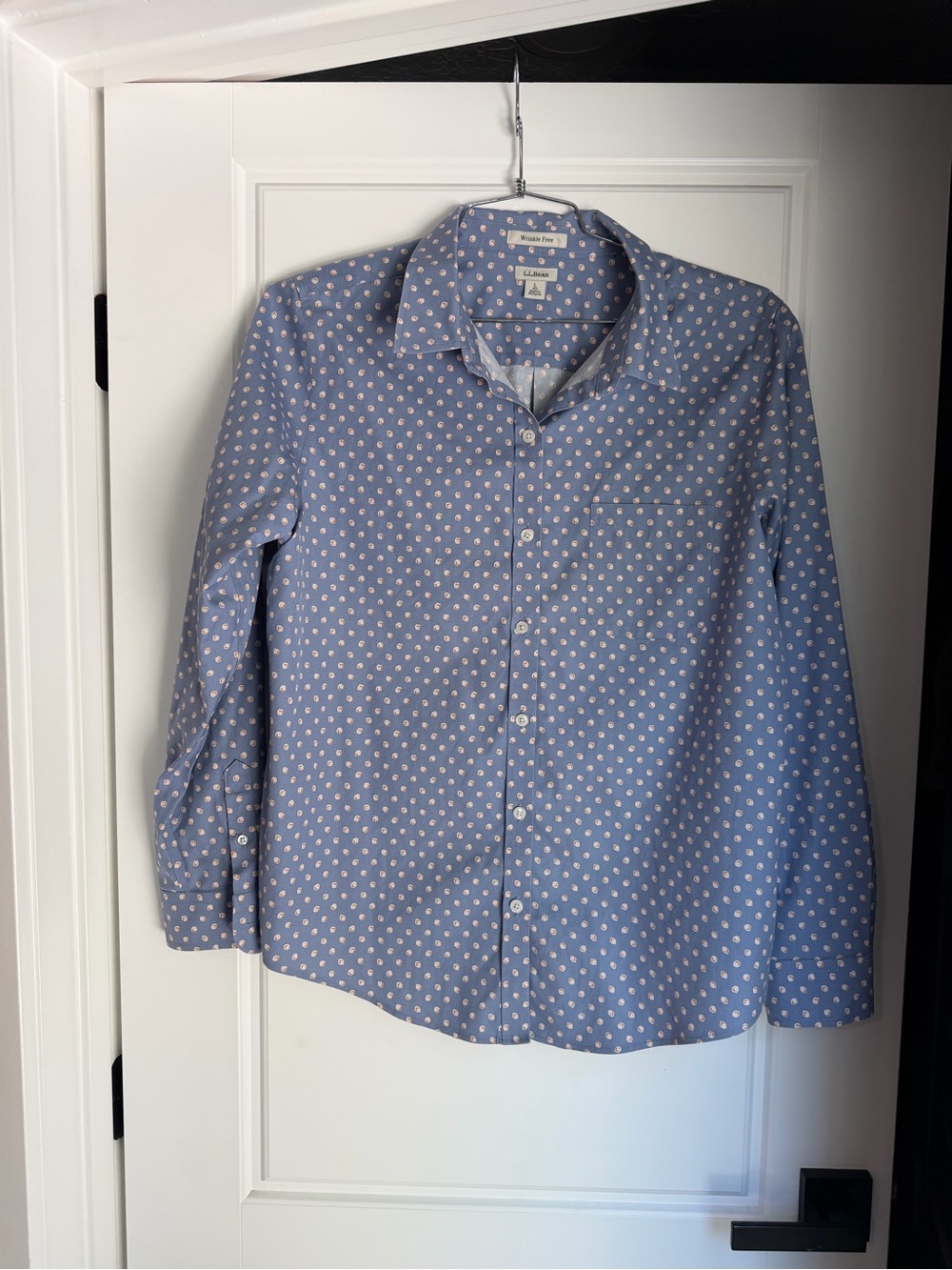 L.L. Bean Light Blue Button-Down Shirt with White Floral Dot Print